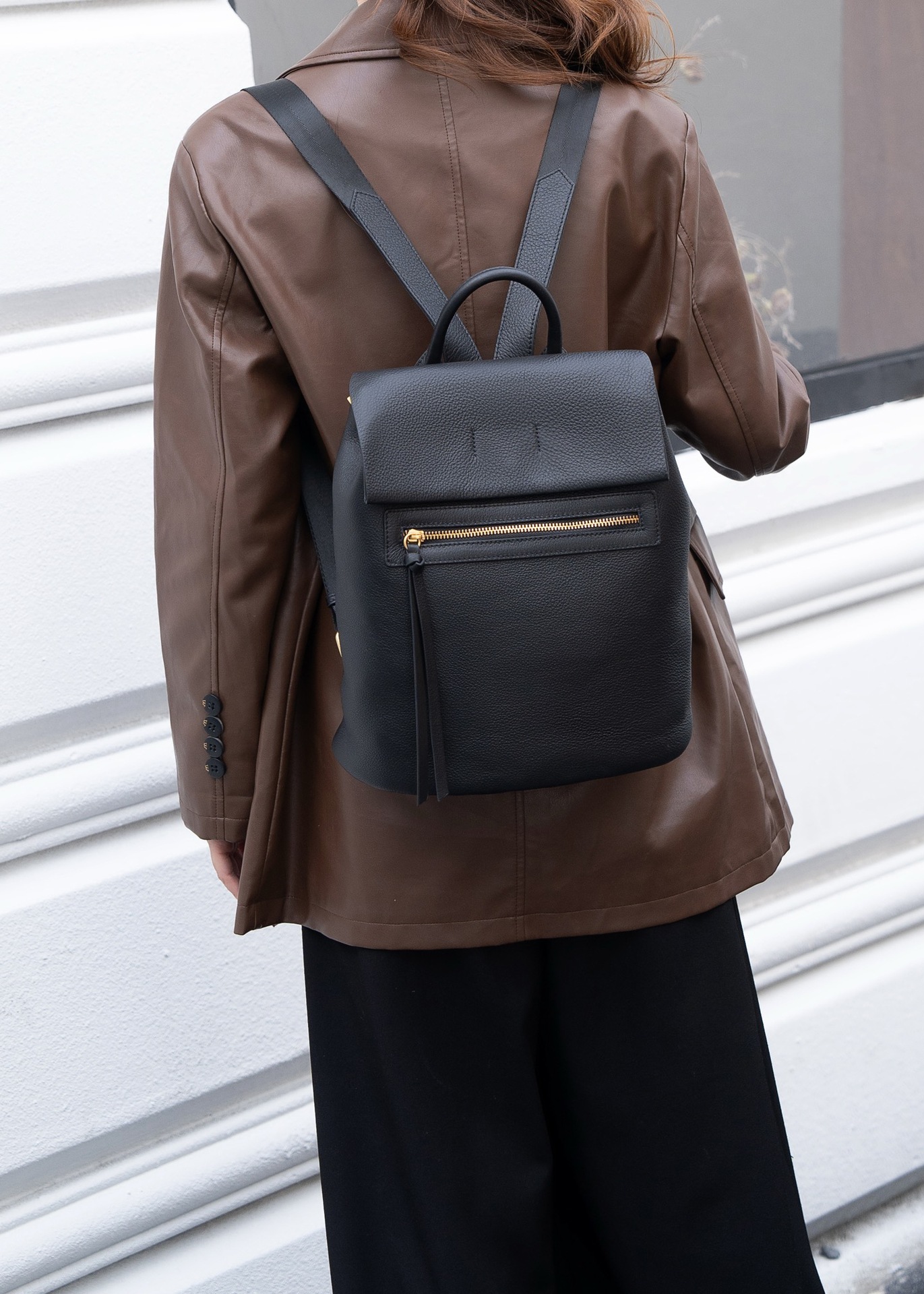 Women's Black Leather Backpack with Front Zip Pocket