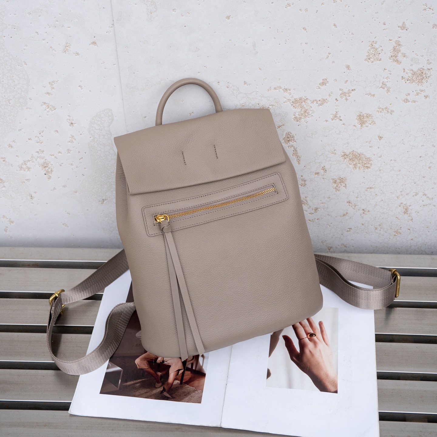 Women's Light Taupe Leather Backpack with Front Zip Pocket