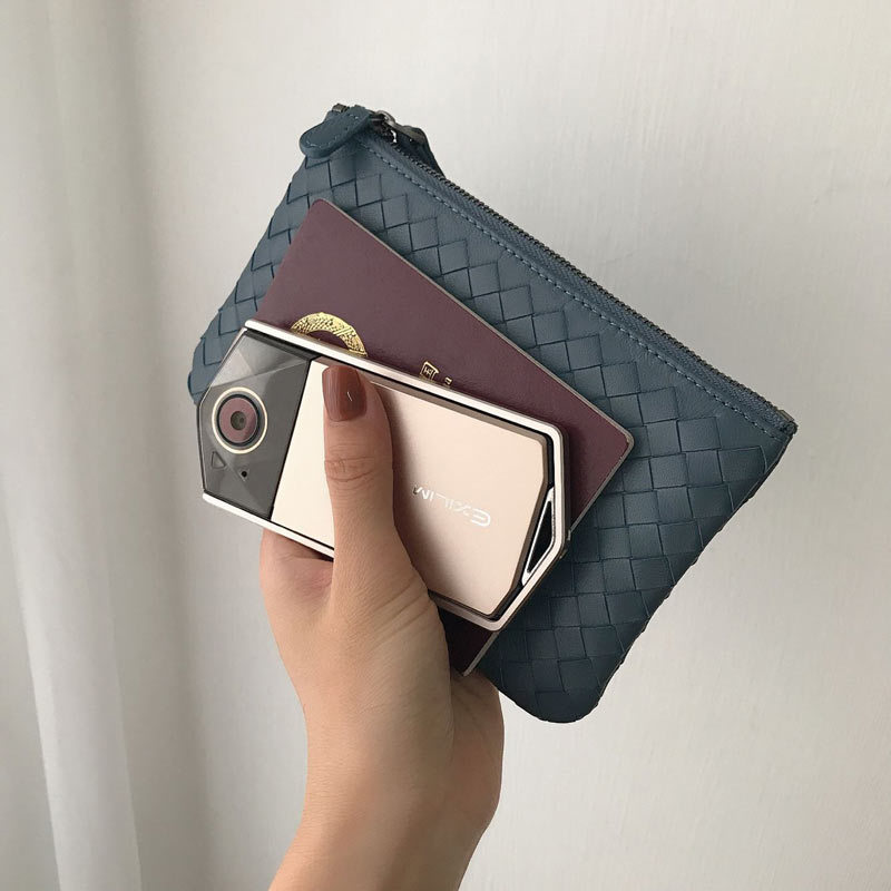 Woven Leather Zip Clutch Pouch