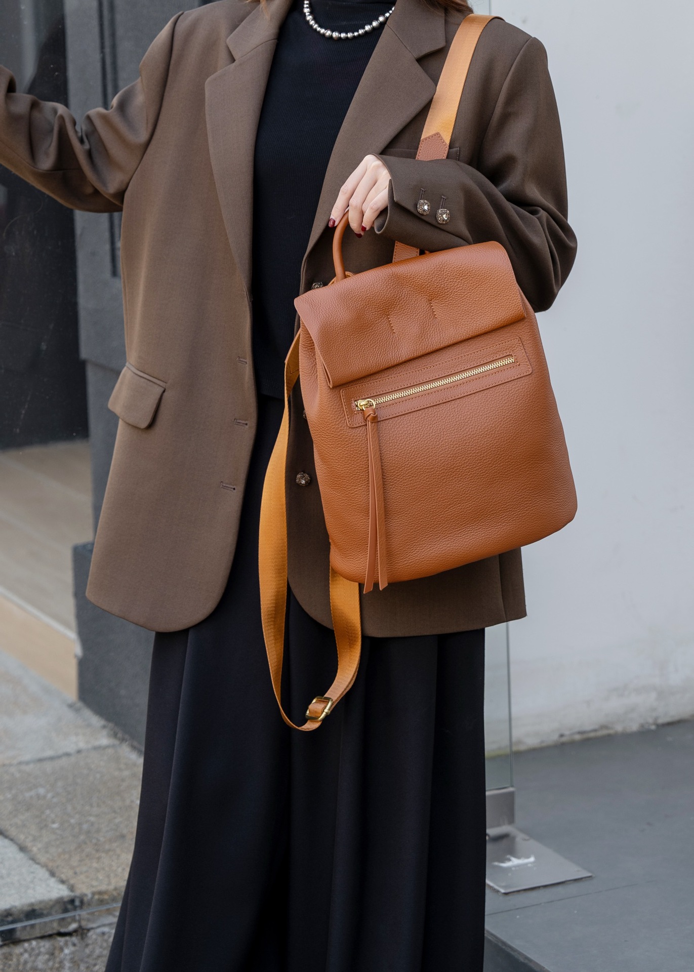 Women's Caramel Leather Backpack with Front Zip Pocket