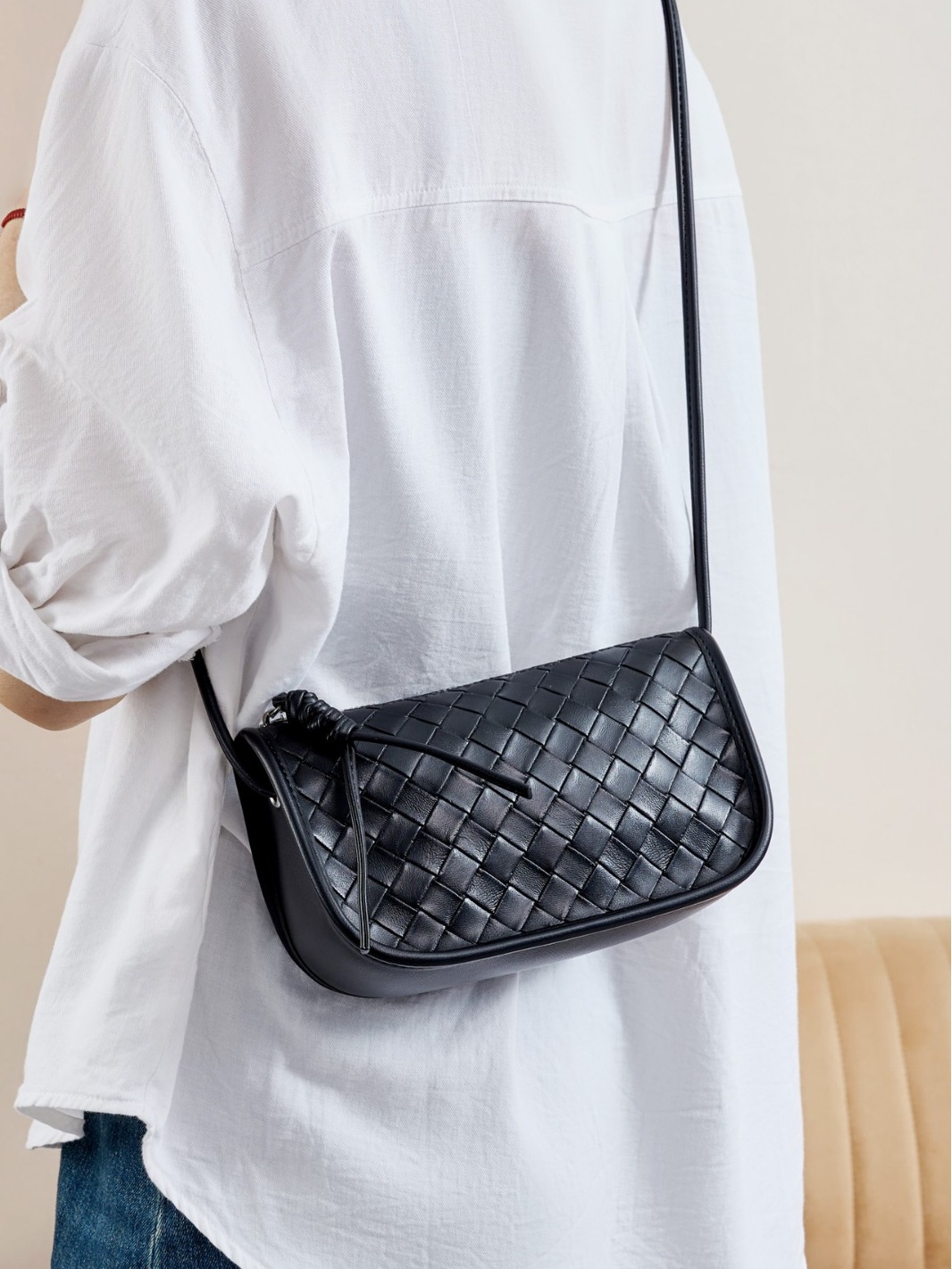 Women's Black Woven Leather Crossbody Bag