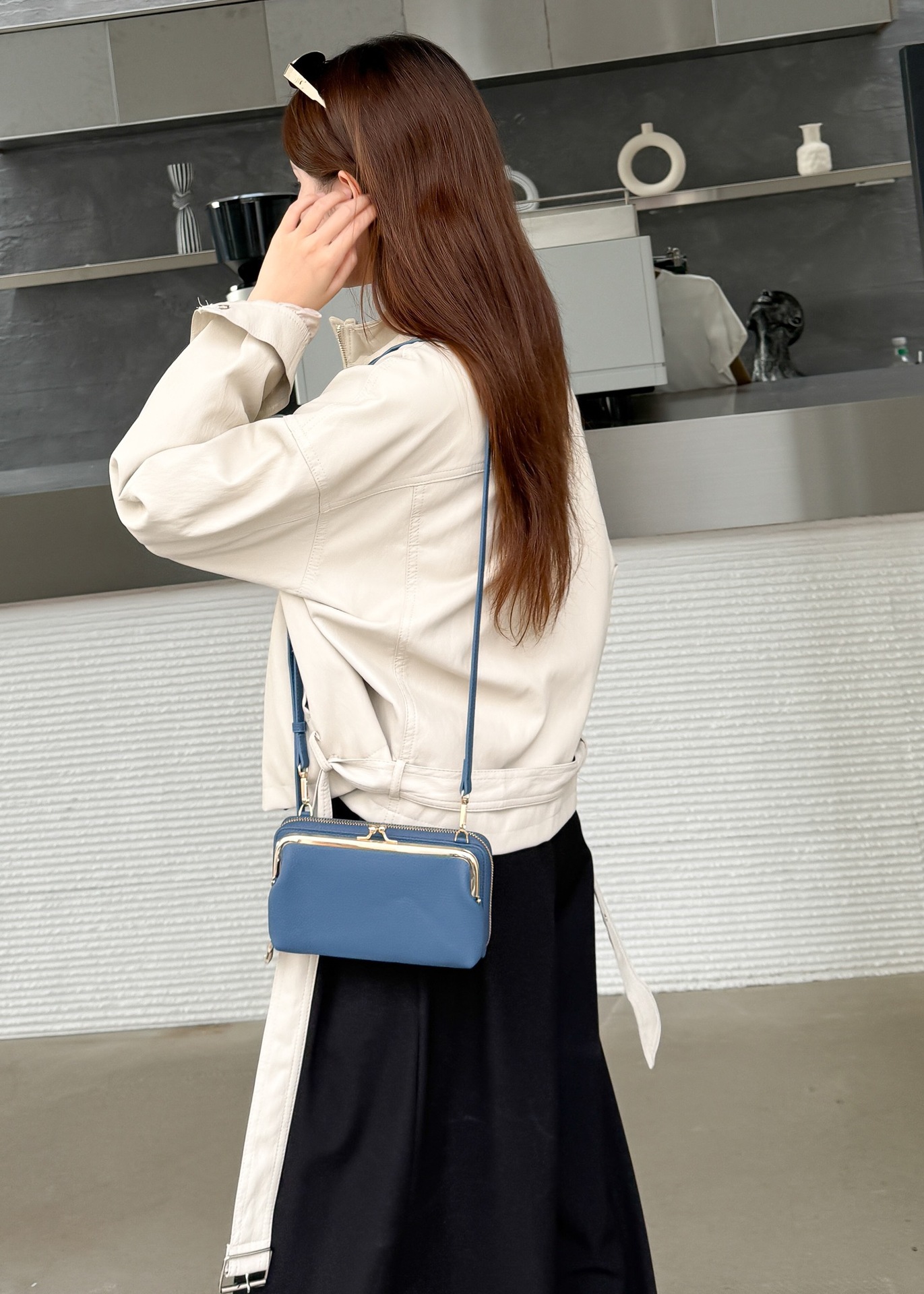 Women's Blue Leather Mini Metal Frame Crossbody Bag